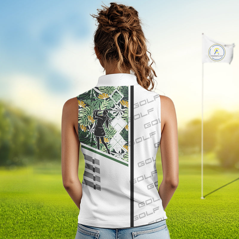 Custom Name Green Tropical Golf Women Sleeveless Polo Shirt, White Golf Jerseys Best Floral Golf Gifts NYN2993