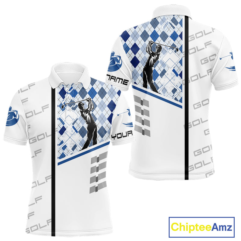 Custom Name Blue Argyle Pattern Mens Polo Shirt, White Golf Jersey Best Argyle Golf Gifts NYN2994