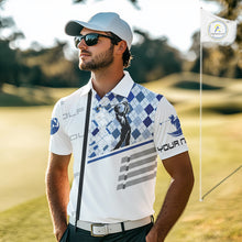Load image into Gallery viewer, Custom Name Blue Argyle Pattern Mens Polo Shirt, White Golf Jersey Best Argyle Golf Gifts NYN2994