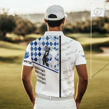 Load image into Gallery viewer, Custom Name Blue Argyle Pattern Mens Polo Shirt, White Golf Jersey Best Argyle Golf Gifts NYN2994