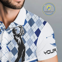 Load image into Gallery viewer, Custom Name Blue Argyle Pattern Mens Polo Shirt, White Golf Jersey Best Argyle Golf Gifts NYN2994