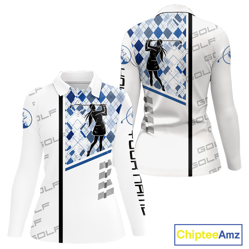 Custom Name Blue Argyle Pattern Womens Polo Shirt, White Golf Jersey Best Argyle Golf Gifts NYN2994