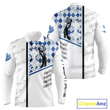 Load image into Gallery viewer, Custom Name Blue Argyle Pattern Mens Polo Shirt, White Golf Jersey Best Argyle Golf Gifts NYN2994