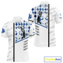 Load image into Gallery viewer, Custom Name Blue Argyle Pattern Mens Polo Shirt, White Golf Jersey Best Argyle Golf Gifts NYN2994