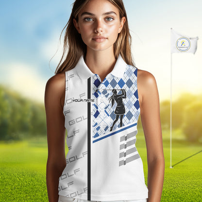 Custom Name Blue Argyle Pattern Women Sleeveless Polo Shirt, White Golf Jersey Best Argyle Golf Gifts NYN2994