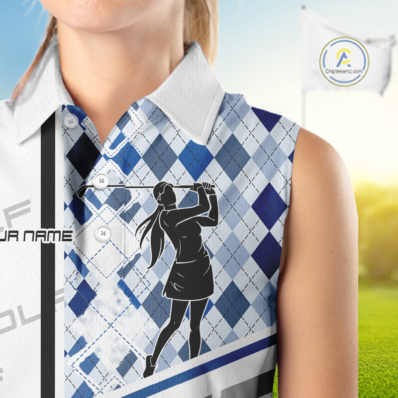 Custom Name Blue Argyle Pattern Women Sleeveless Polo Shirt, White Golf Jersey Best Argyle Golf Gifts NYN2994