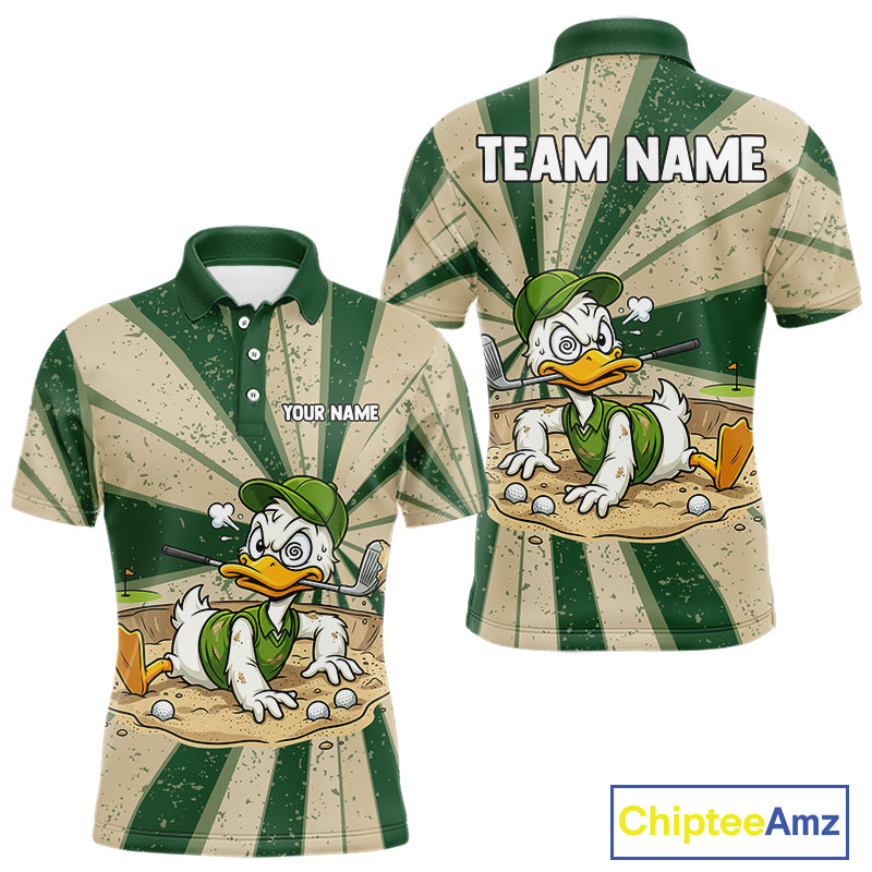 Mens Funny Duck Golf Shirts Grunge Green Beige Golf Clothing Custom Golf Team Polo, Golf Upf Shirts NYN2998