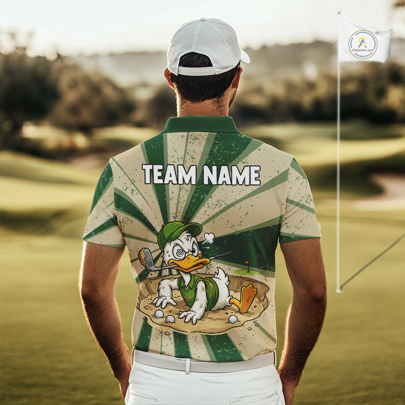 Mens Funny Duck Golf Shirts Grunge Green Beige Golf Clothing Custom Golf Team Polo, Golf Upf Shirts NYN2998
