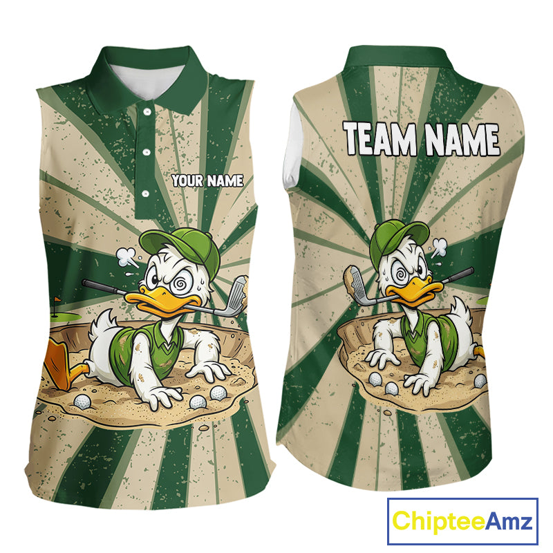 Womens Funny Duck Golf Shirts Grunge Green Beige Golf Clothing Custom Golf Team Sleeveless Polo, Golf Upf Shirts NYN2998