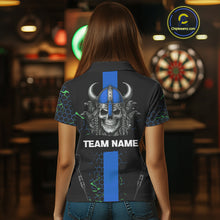 Load image into Gallery viewer, Blue Horned Warrior Skull Women's Dart Shirt - Personalized Name For Darts Jersey NYN0446