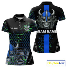 Load image into Gallery viewer, Blue Horned Warrior Skull Women's Dart Shirt - Personalized Name For Darts Jersey NYN0446