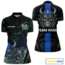 Load image into Gallery viewer, Blue Horned Warrior Skull Women's Dart Shirt - Personalized Name For Darts Jersey NYN0446