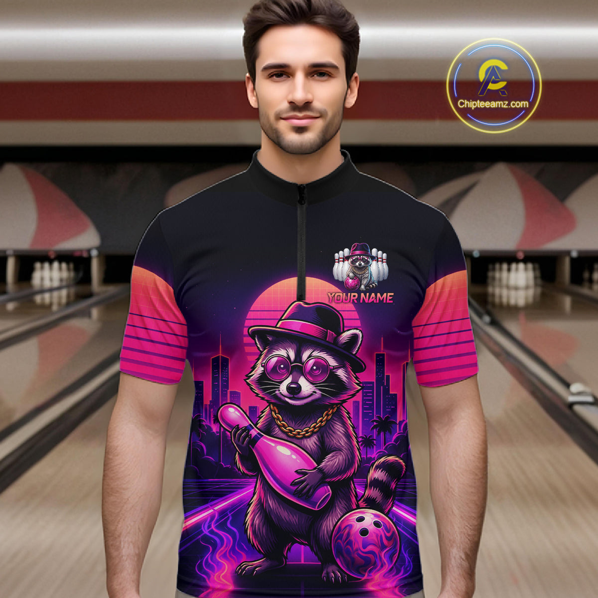 Funny Rich Raccoon Bowling Shirts For Men Custom Neon Bowling Polo & Quarter-Zip Jerseys NYN3415