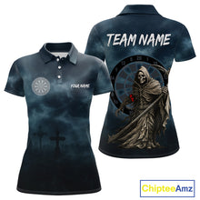 Load image into Gallery viewer, Skeleton And Dartboard Custom Blue Polo Darts Shirt For Women - Darts Team Jersey NYN0698