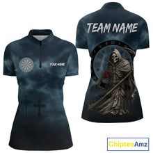 Load image into Gallery viewer, Skeleton And Dartboard Custom Blue Quarter-Zip Darts Shirt For Women - Darts Team Jersey NYN0698