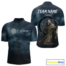 Load image into Gallery viewer, Skeleton And Dartboard Custom Blue Quarter-Zip Darts Shirt For Men - Darts Team Jersey NYN0698