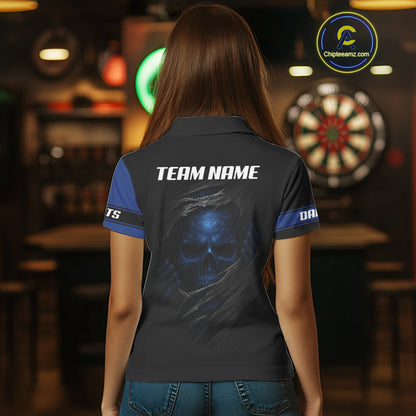 Blue Skeleton & Dartboard Custom Polo Darts Shirt For Women - Darts Team Jersey NYN0701