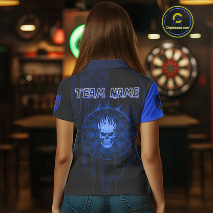 Custom Darts Team Polo Shirt For Women Blue Flame Dartboard - Darts Jersey NYN0704