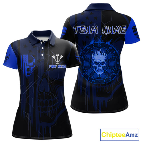 Custom Darts Team Polo Shirt For Women Blue Flame Dartboard - Darts Jersey NYN0704