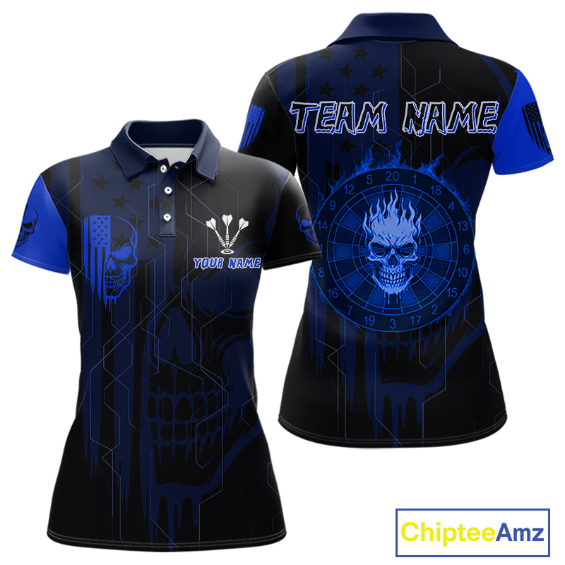 Custom Darts Team Polo Shirt For Women Blue Flame Dartboard - Darts Jersey NYN0704