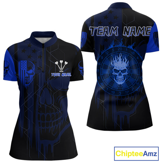 Custom Darts Team Quarter-Zip Shirt For Women Blue Flame Dartboard  - Darts  Jersey NYN0704