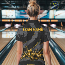 Load image into Gallery viewer, Female bowler wearing grey yellow bowling jersey during league competition, athletic apparel representing optimism, resilience and ambition.