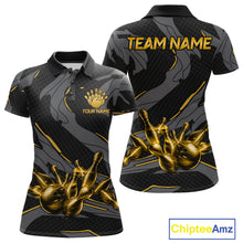 Load image into Gallery viewer, Women's bowling polo featuring grey and yellow lightning strike graphics, personalized bowling apparel for graphic art lovers, motorsport fans and tournament bowlers, symbolizing optimism, focus, confidence and creativity.