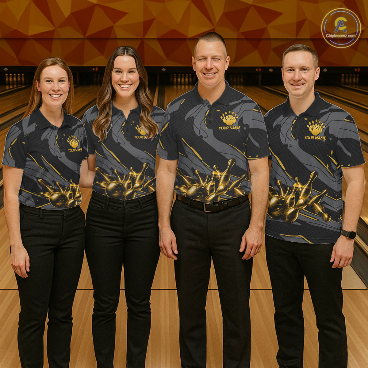 Bowling team wearing matching grey yellow lightning jerseys during tournament finals, representing unity, teamwork, energy and championship success.