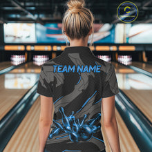 Load image into Gallery viewer, Female bowler wearing grey blue lightning bowling jersey during league play, personalized bowling apparel representing clarity, resilience and success.