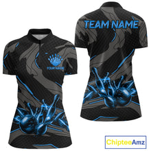 Load image into Gallery viewer, Women's quarter-zip bowling jersey featuring grey blue lightning graphics, premium bowling tournament apparel symbolizing balance, consistency and championship excellence.