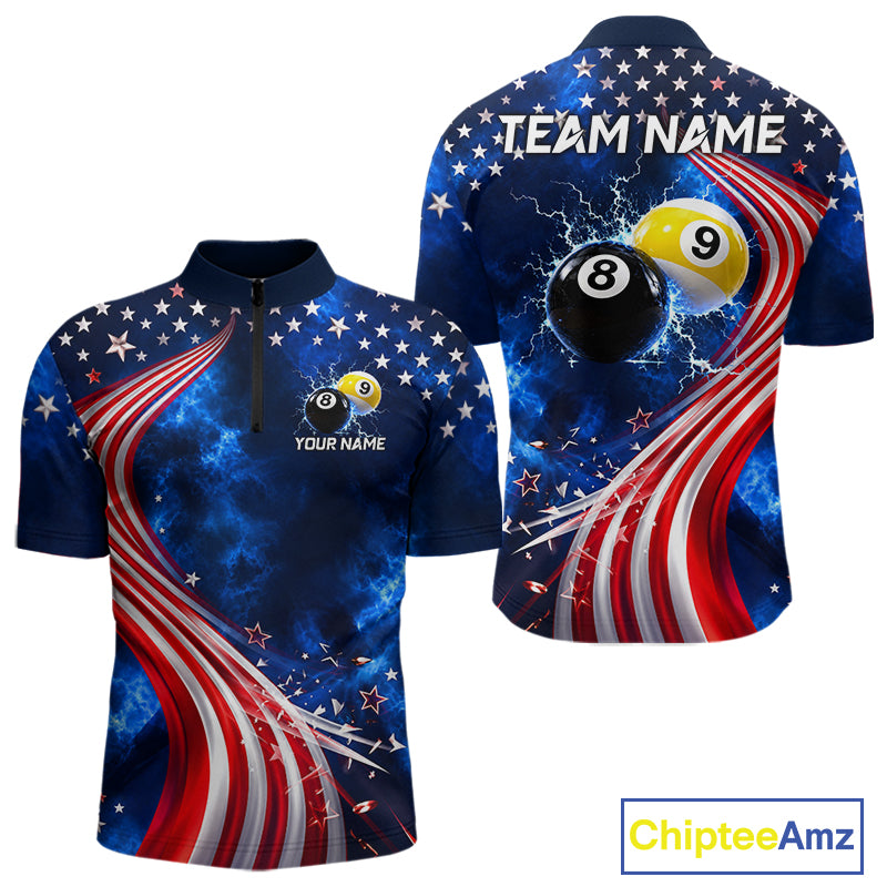 Thunder 8 Ball 9 Ball US Flag Pool Team Shirt For Men Personalized Patriotic Billiard Team Shirt Jersey NYN4749