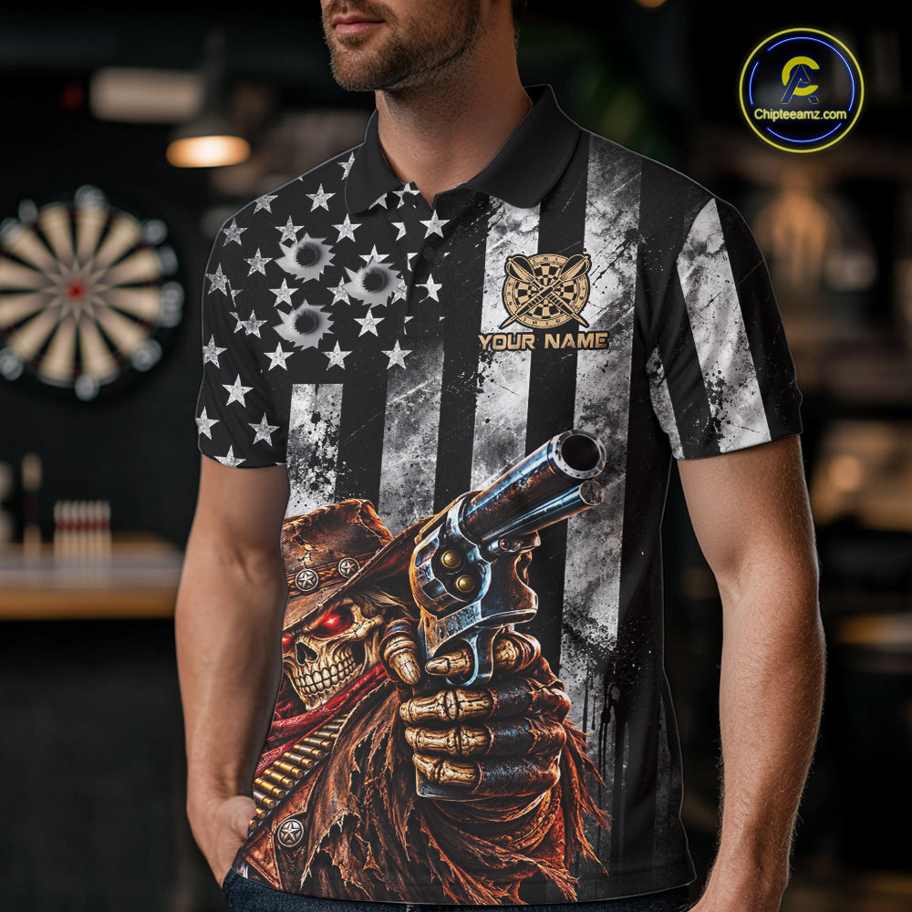 Funny Gun Cowboy Skeleton Darts Polo 1/4-Zip Shirt For Men Custom Patriotic Darts Tournament Jersey NYN4752