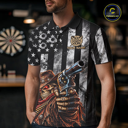 Funny Gun Cowboy Skeleton Darts Polo 1/4-Zip Shirt For Men Custom Patriotic Darts Tournament Jersey NYN4752