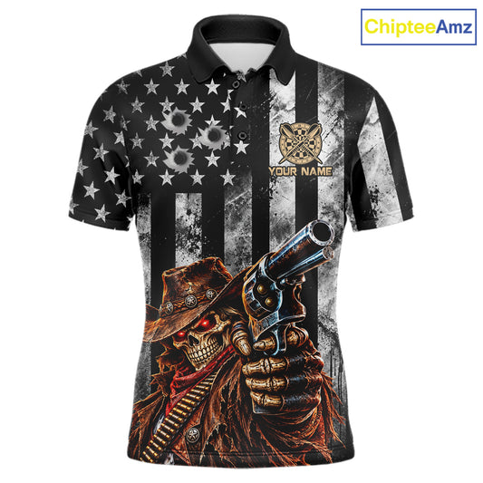 Funny Gun Cowboy Skeleton Darts Polo 1/4-Zip Shirt For Men Custom Patriotic Darts Tournament Jersey NYN4752