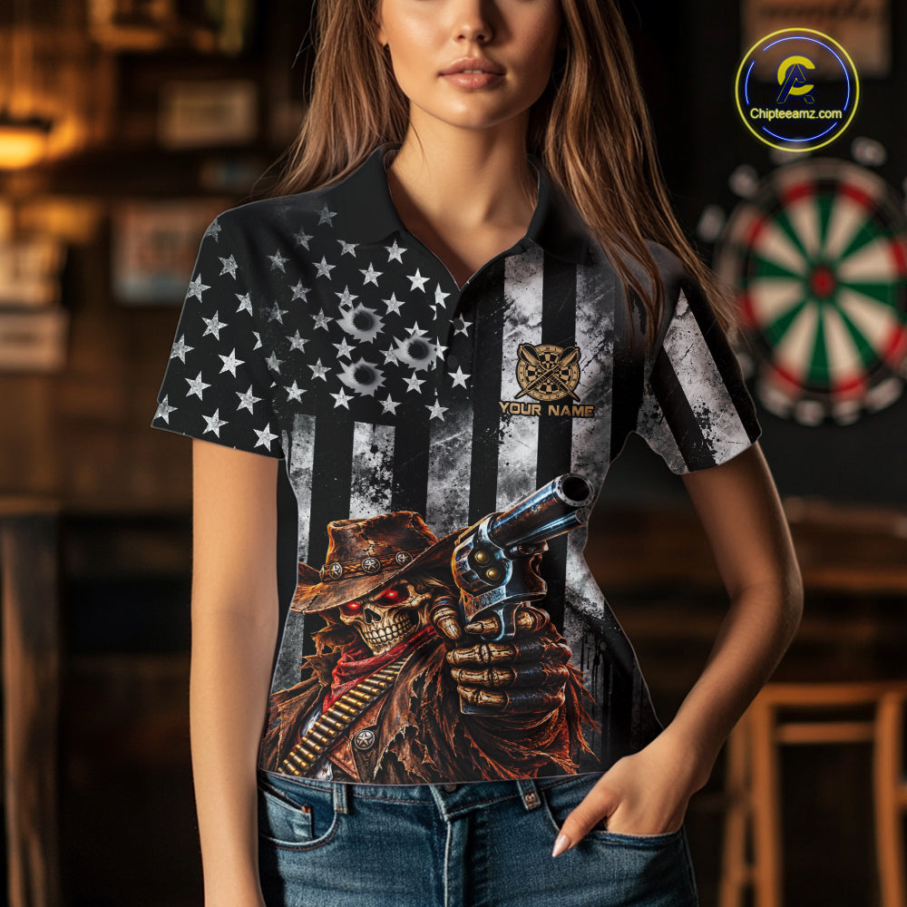 Funny Gun Cowboy Skeleton Darts Polo 1/4-Zip Shirt For Women Custom Patriotic Darts Tournament Jersey NYN4752