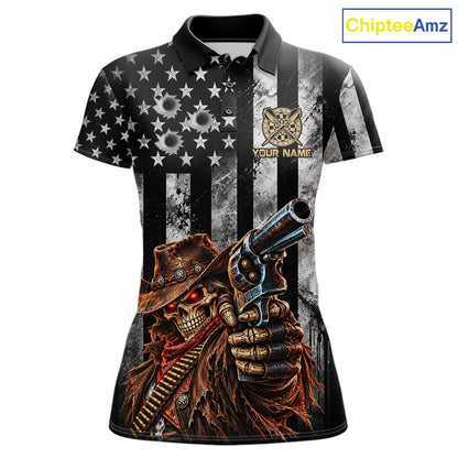 Funny Gun Cowboy Skeleton Darts Polo 1/4-Zip Shirt For Women Custom Patriotic Darts Tournament Jersey NYN4752