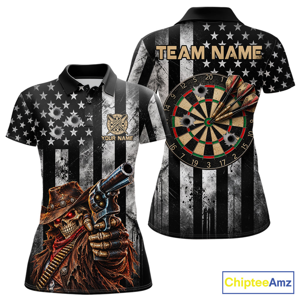 Funny Gun Cowboy Skeleton Darts Polo 1/4-Zip Shirt For Women Custom Patriotic Darts Tournament Jersey NYN4752
