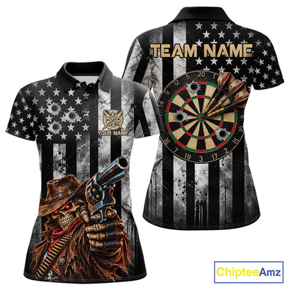 Funny Gun Cowboy Skeleton Darts Polo 1/4-Zip Shirt For Women Custom Patriotic Darts Tournament Jersey NYN4752