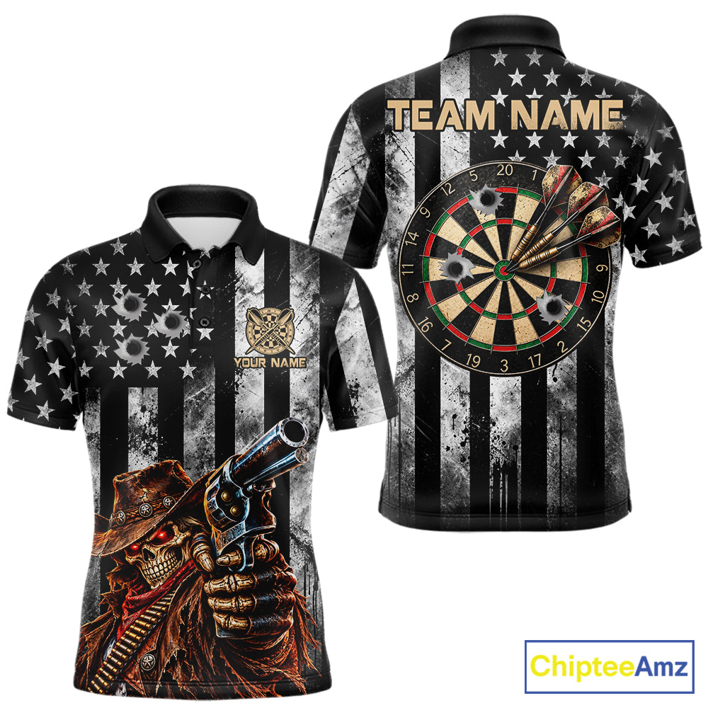 Funny Gun Cowboy Skeleton Darts Polo 1/4-Zip Shirt For Men Custom Patriotic Darts Tournament Jersey NYN4752