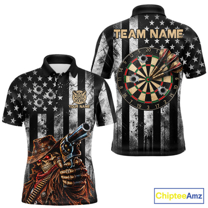 Funny Gun Cowboy Skeleton Darts Polo 1/4-Zip Shirt For Men Custom Patriotic Darts Tournament Jersey NYN4752