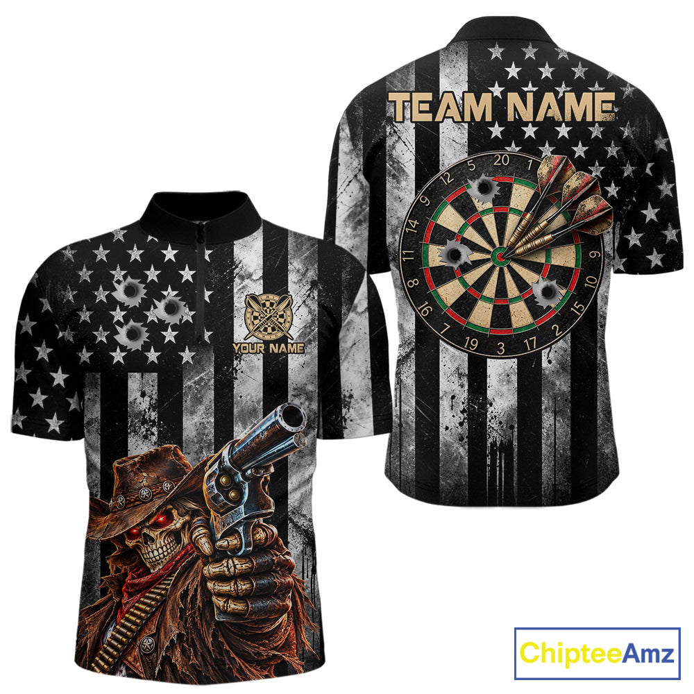 Funny Gun Cowboy Skeleton Darts Polo 1/4-Zip Shirt For Men Custom Patriotic Darts Tournament Jersey NYN4752