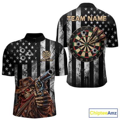 Funny Gun Cowboy Skeleton Darts Polo 1/4-Zip Shirt For Men Custom Patriotic Darts Tournament Jersey NYN4752