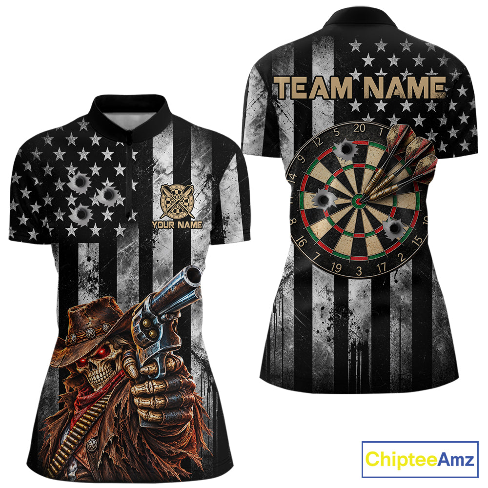 Funny Gun Cowboy Skeleton Darts Polo 1/4-Zip Shirt For Women Custom Patriotic Darts Tournament Jersey NYN4752