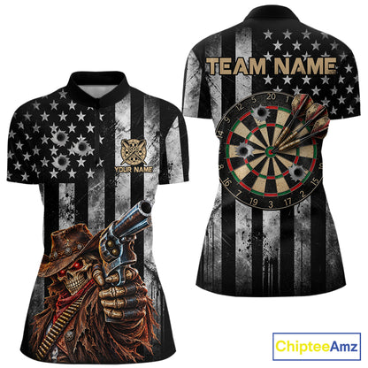 Funny Gun Cowboy Skeleton Darts Polo 1/4-Zip Shirt For Women Custom Patriotic Darts Tournament Jersey NYN4752