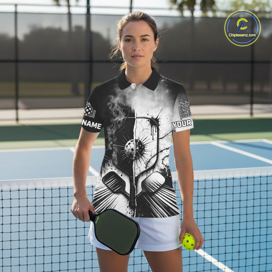 Custom Black White Pickleball Ball League Jerseys Grunge Pickleball Paddle Shirts For Women NYN2135