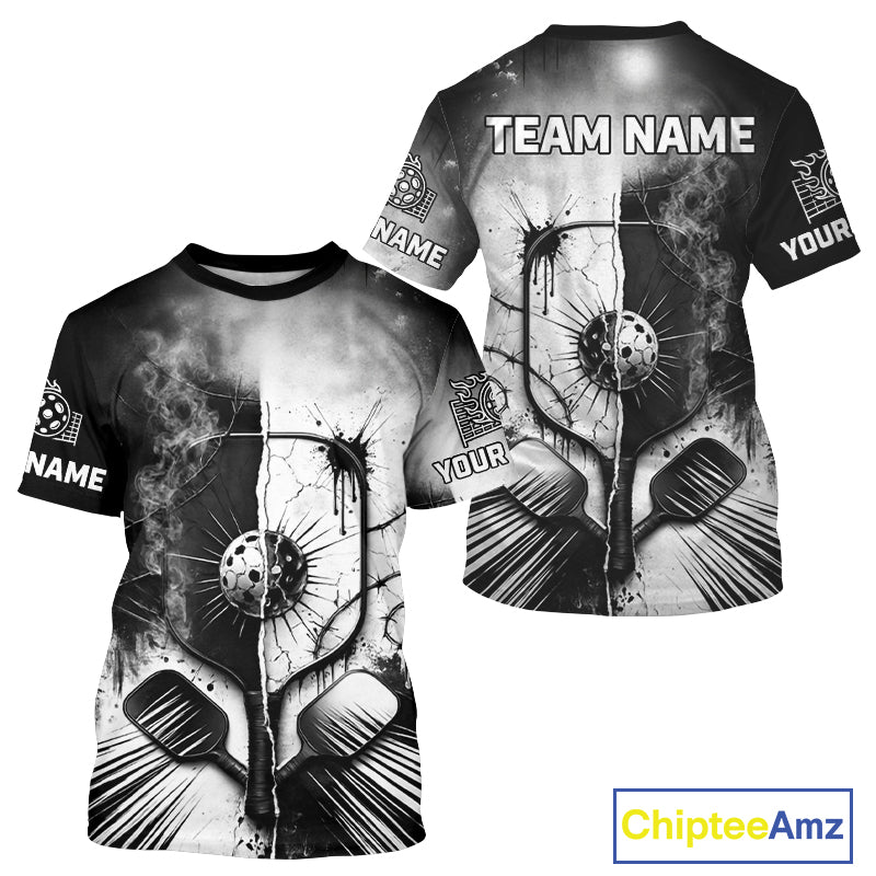 Custom Black White Pickleball Ball League Jerseys Grunge Pickleball Paddle Shirts For Men NYN2135