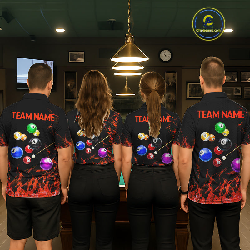 Red Flames Pool Balls Women Billiard Polo & 1/4-Zip Apparel Custom Billiard Team Shirt Designs NYN2405