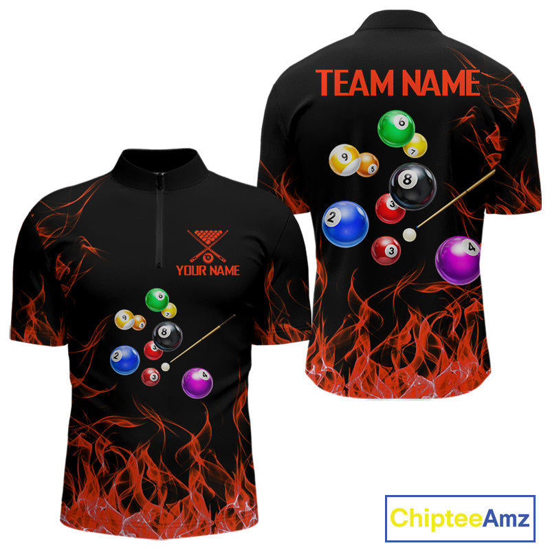 Red Flames Pool Balls Men Billiard Polo & 1/4-Zip Apparel Custom Billiard Team Shirt Designs NYN2405