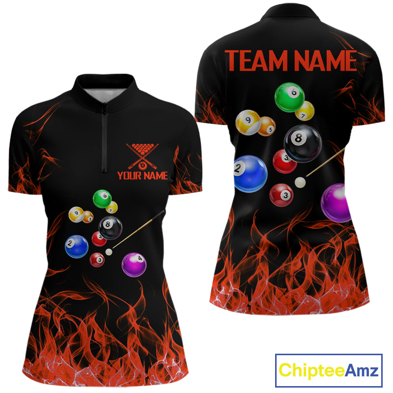 Red Flames Pool Balls Women Billiard Polo & 1/4-Zip Apparel Custom Billiard Team Shirt Designs NYN2405