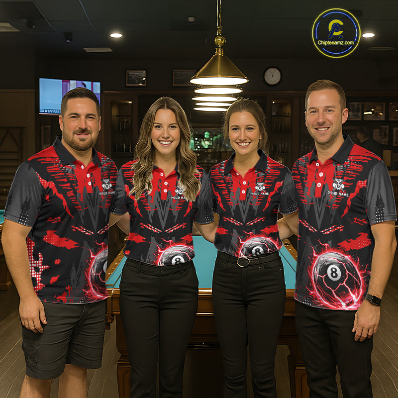Black And Red Crack 8 Ball Pool Billiard Apparel For Men Custom Billiard Team Shirt Designs NYN2406